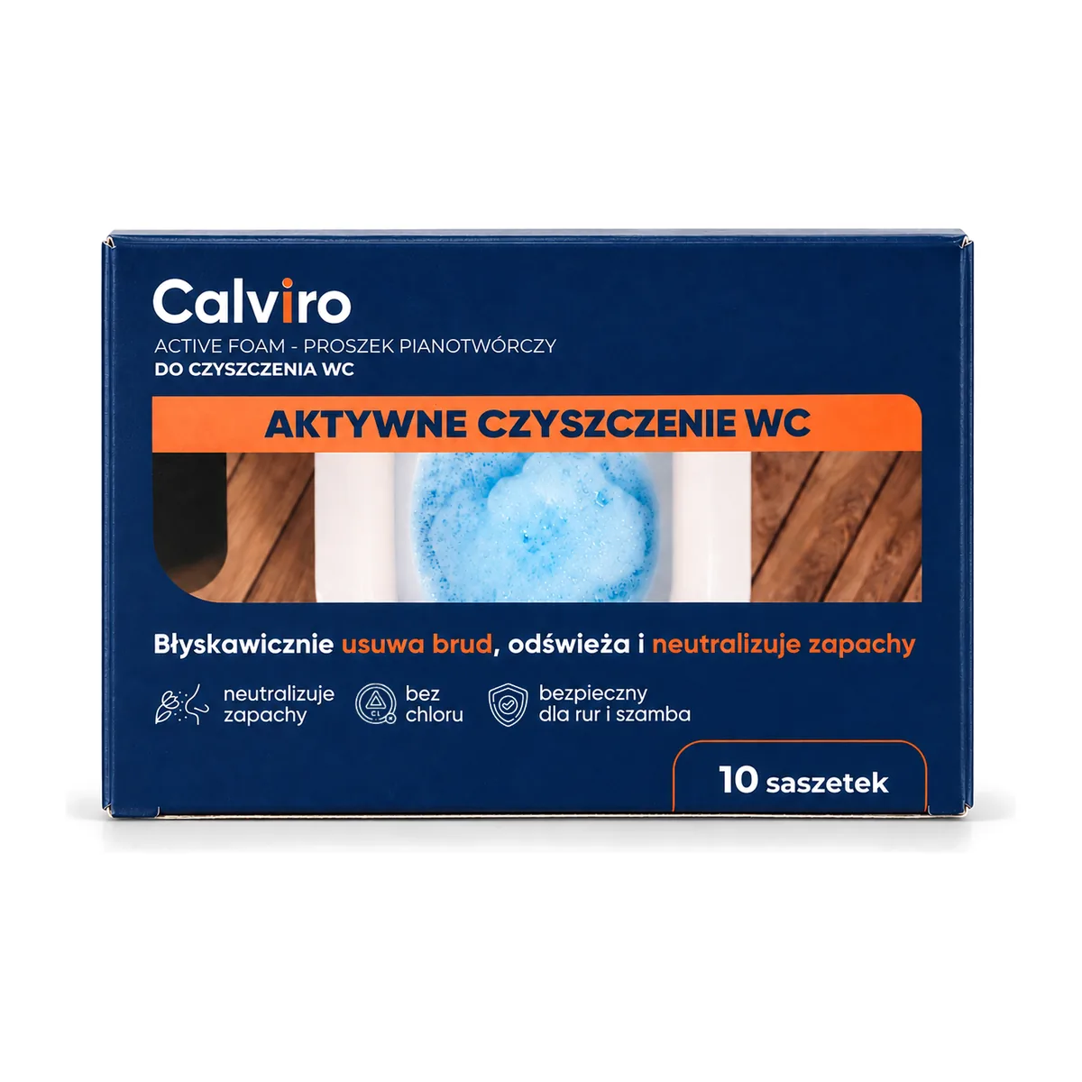 Pudełko Calviro Active Foam, proszek pianotwórczy do czyszczenia WC, 10 saszetek
